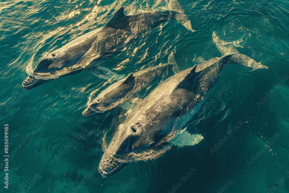 Fototapeta premium A captivating capture featuring a trio of dolphins frolicking in the sun-dappled turquoise waters