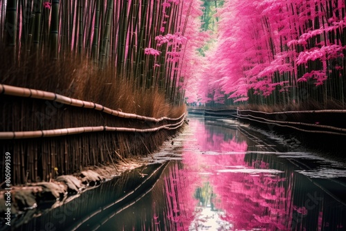 Arashiyama Bamboo Grove, Japan: A unique spring scene with cherry blossoms and towering bamboo in the Arashiyama district. photo