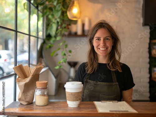A cheerful woman barista in apron standing at the coffee shop counter with a warm ambiance.