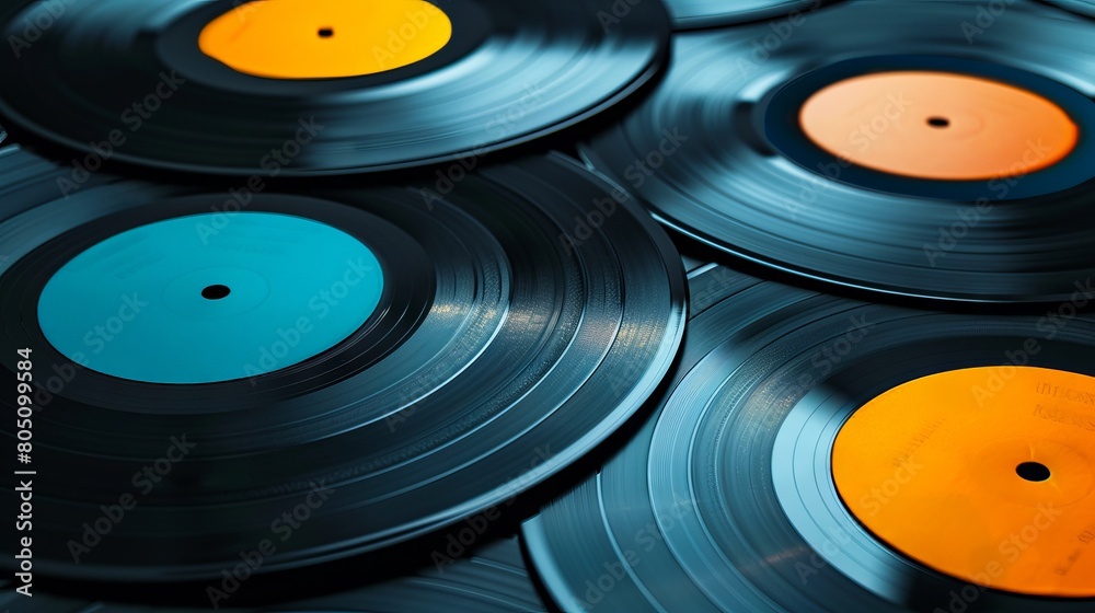 A close up of several vinyl records. A close up of several vinyl records.