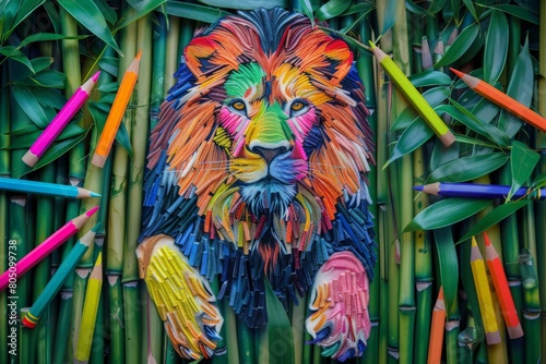 A majestic lion crafted entirely from melted crayons and colored pencils  sitting regally in a serene bamboo forest  while the tranquil greenery of the bamboo forest provides a lush backdrop