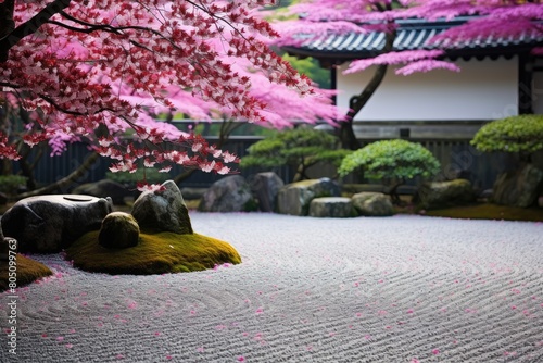 Zen Garden in Kyoto, Japan: A tranquil Zen garden with carefully raked gravel and cherry blossoms in full bloom. photo
