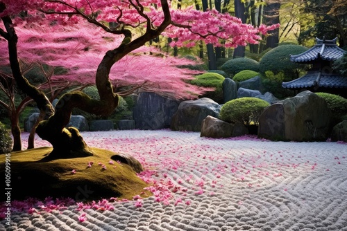 Zen Garden in Kyoto, Japan: A tranquil Zen garden with carefully raked gravel and cherry blossoms in full bloom. photo