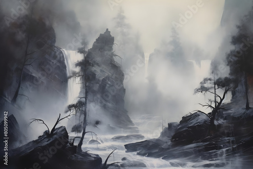 melancholic waterfall fog, abstract landscape art, painting background, wallpaper
