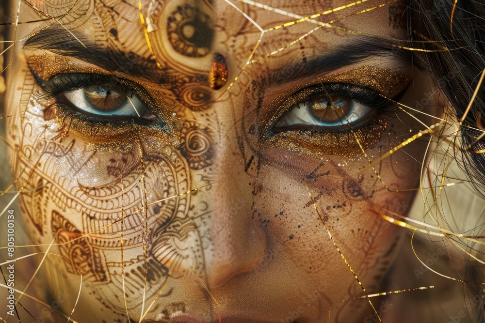 Close-up view of a woman’s face, split down the middle. One side reflects ancient Indian elegance, adorned with intricate henna patterns; the other side embodies modernity with sharp lines and futuris Close-up view of a woman’s face, split down the middle. One side reflects ancient Indian elegance, adorned with intricate henna patterns; the other side embodies modernity with sharp lines and futuris