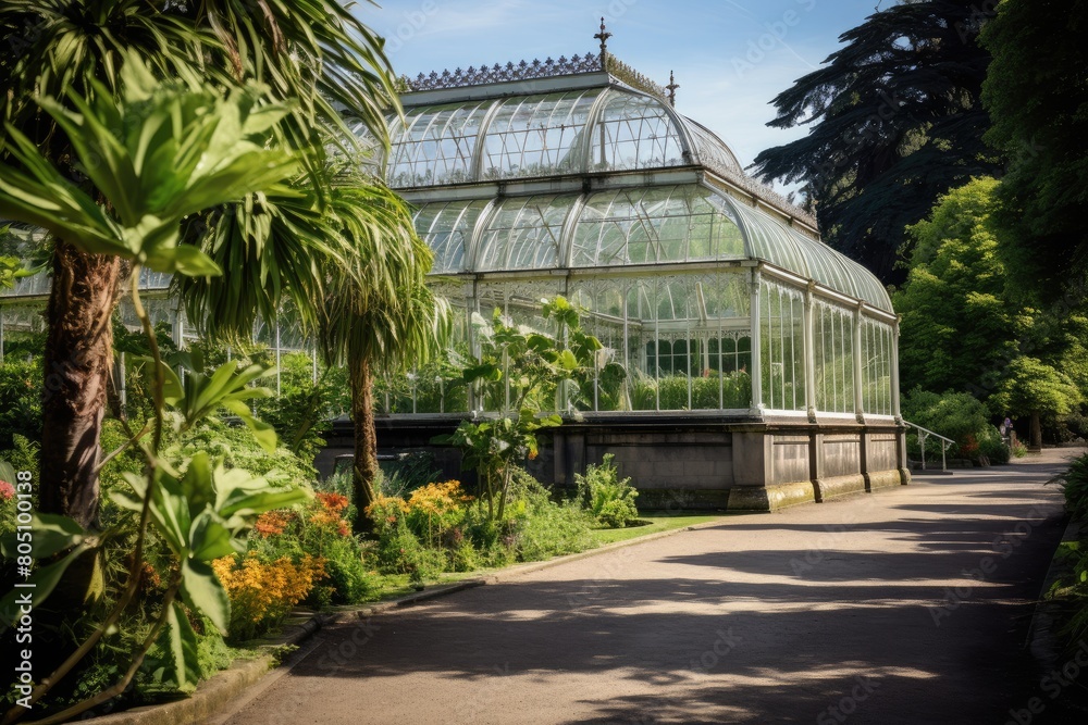 Dublin National Botanic Gardens, Ireland: A scene from the historic glasshouses and lush greenery of the botanic gardens.