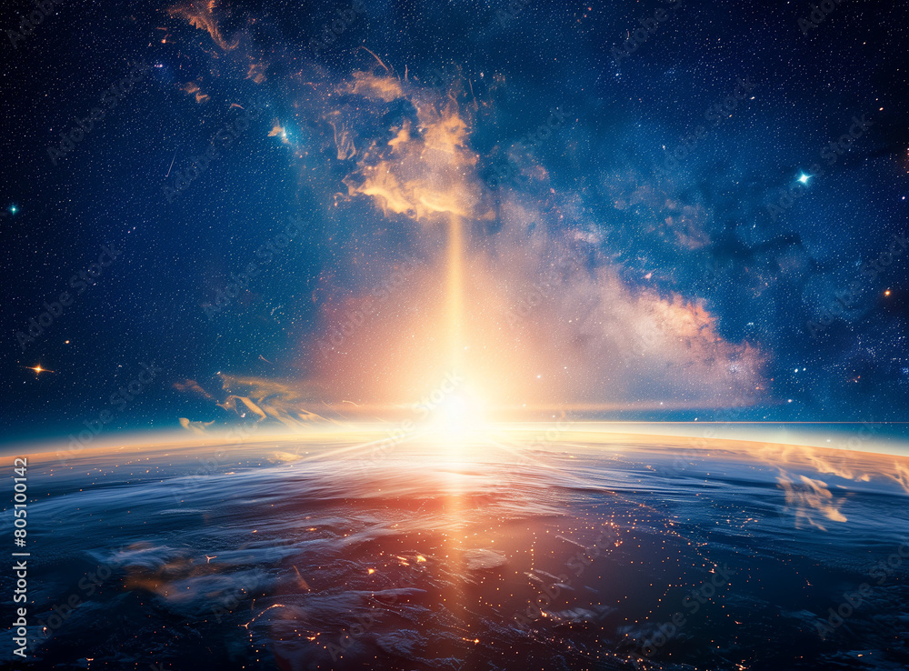 The background image features the Earth with the sun rising in the center, surrounded by stars and space. Rendered in a cinematic style, this composition evokes a sense of wonder and awe The background image features the Earth with the sun rising in the center, surrounded by stars and space. Rendered in a cinematic style, this composition evokes a sense of wonder and awe