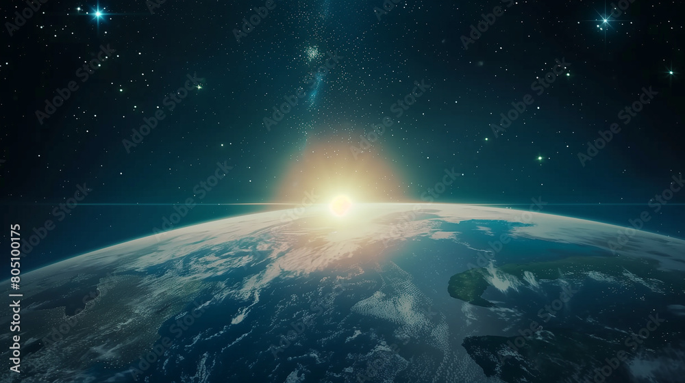 The background image features the Earth with the sun rising in the center, surrounded by stars and space. Rendered in a cinematic style, this composition evokes a sense of wonder and awe