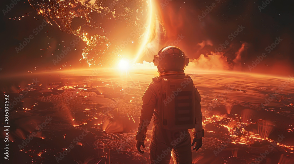 A dramatic scene capturing a lone astronaut on an alien world, staring into the blazing fury of a cosmic inferno, symbolizing human curiosity and the vastness of the universe