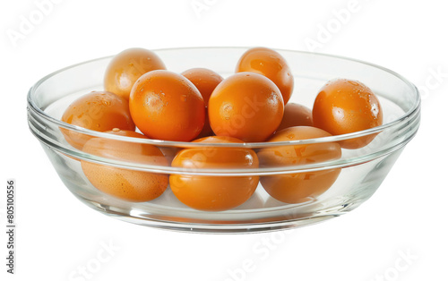 Clear Bowl of Organic Eggs, Transparent Bowl Holding Organic Eggs on White, Copy Space