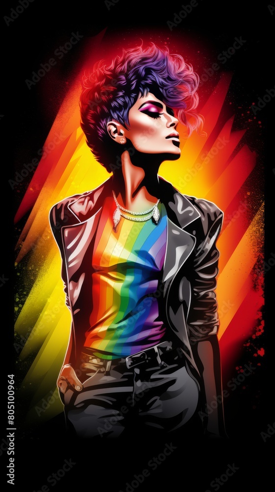 A woman donning a sleek leather jacket contrasts against a vibrant rainbow background A woman donning a sleek leather jacket contrasts against a vibrant rainbow background