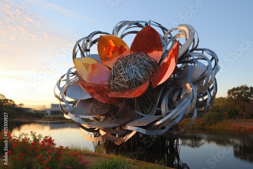 Floralis Generica, Argentina: A unique scene featuring the giant steel flower sculpture surrounded by colorful blooms. photo