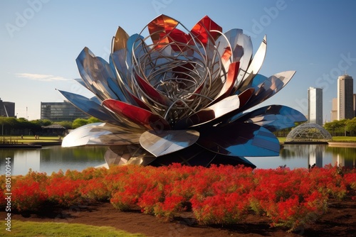 Floralis Generica, Argentina: A unique scene featuring the giant steel flower sculpture surrounded by colorful blooms. photo