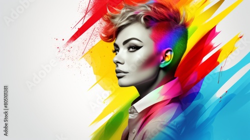 A androgynous woman with bright, rainbow colors hair and multiple piercings on her ears photo