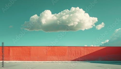 A minimalist cloud in Whisper White, Sun-Washed Brick, and Breezeway Green colors, against a clear blue sky. photo