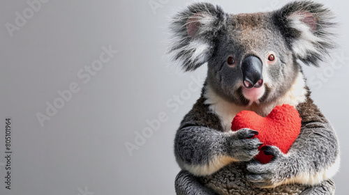 cute happy koala holding a stuffed heart shape isolated on white background, copy space