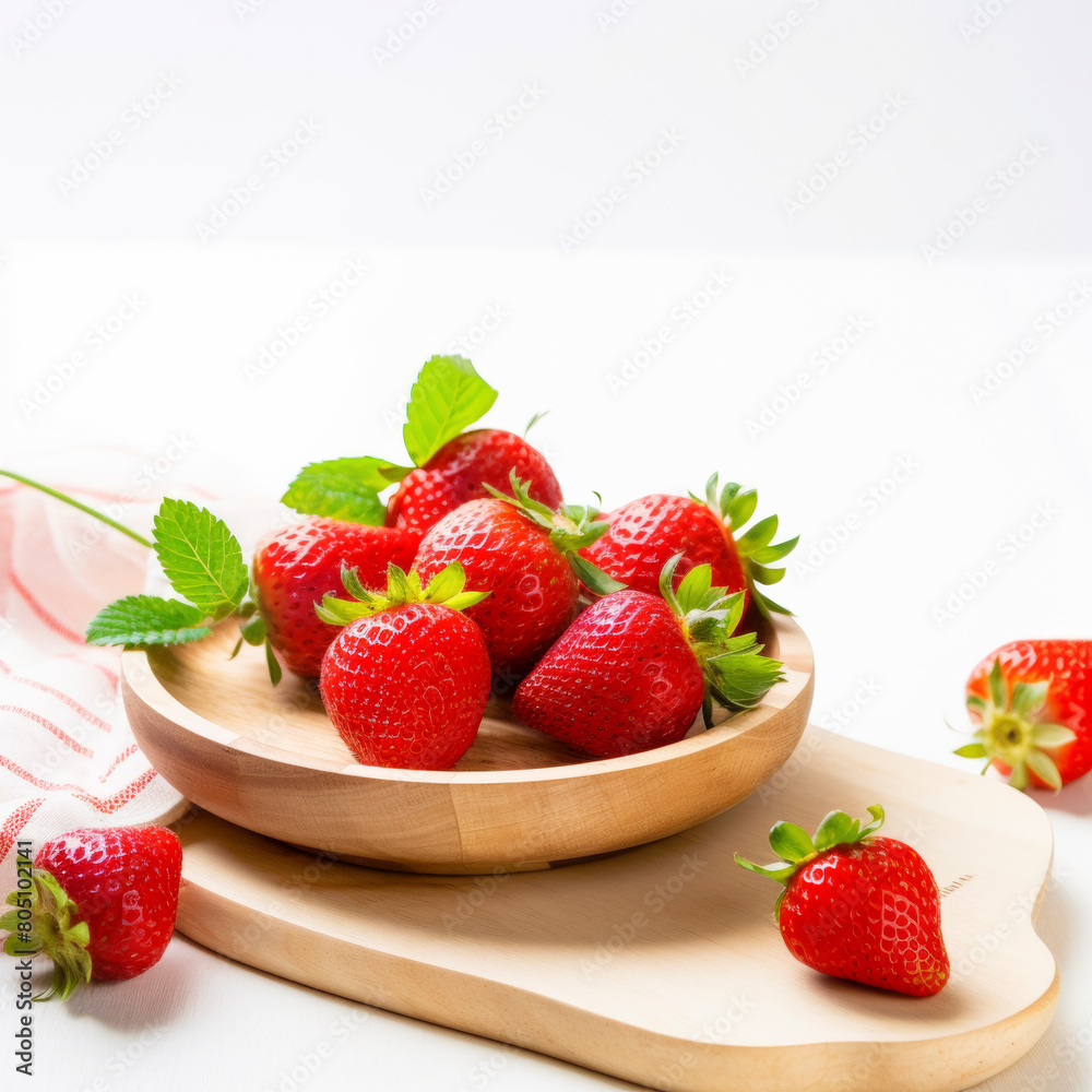 Ripe strawberries in a bowl with mint leaves, on a wooden board with a white background Ripe strawberries in a bowl with mint leaves, on a wooden board with a white background