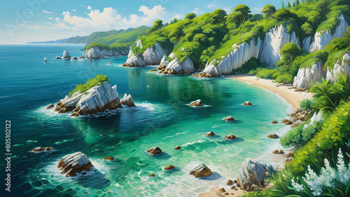 Stunning Green Coastline with White Rock and Crystal Blue Water Teeming with Aquatic Life