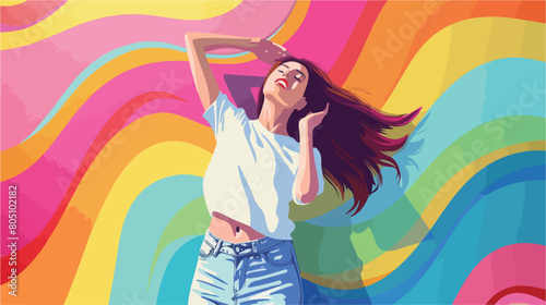 Happy young woman near color wall Vector style vector
