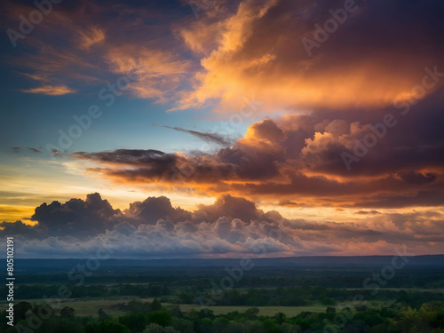 Patel-hued clouds drift lazily across the sky  casting a warm and inviting glow over the landscape.