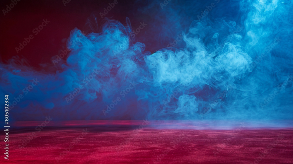 Swirling vivid blue smoke above a deep red floor, creating a misty and surreal atmosphere.