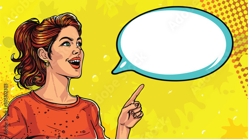 Happy young woman pointing at blank speech bubble  