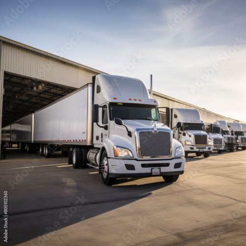 Lineup of white semi trucks parked at a transportation logistics center during sunset © mindstorm