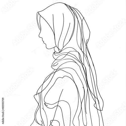 beautiful woman in hijab continuous line art drawing,vector,illustration on white background