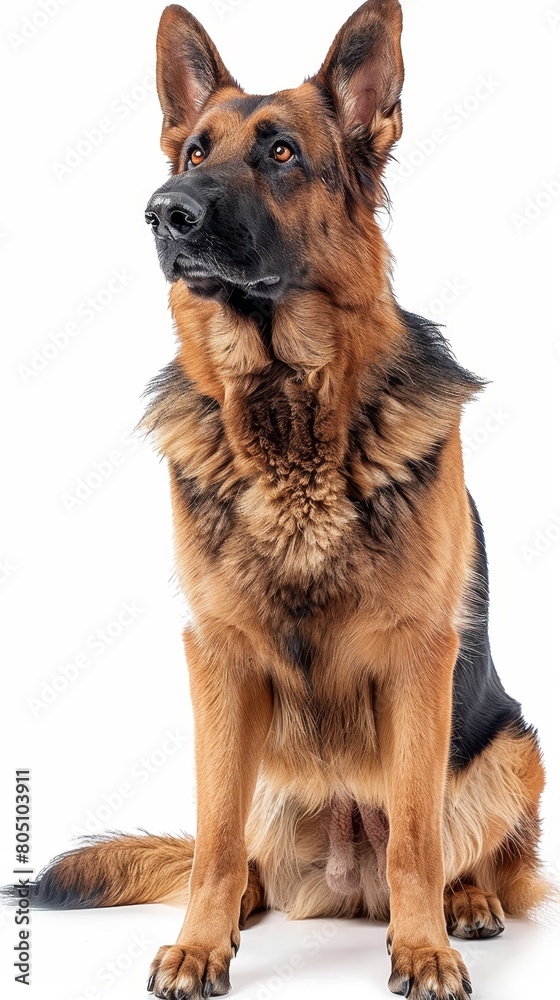 A large brown and black dog is sitting on a white background