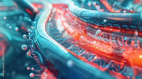 A close-up 3D render of a human digestive tract where mechanical devices and genetically engineered plant tissues work together to improve digestion photo