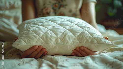 Person practices asmr by gently tapping on a pillow, inducing relaxation and sleep photo