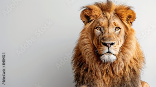A lion with a long mane and a big nose is looking at the camera
