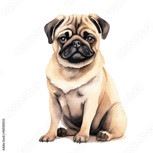 AI-Generated Watercolor cute Pug sitting Clip Art Illustration. Isolated elements on a white background.