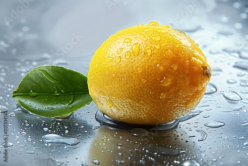 Yellow Lemon, health fruit, object, green leaf, drop. A yellow lemon with water drops and leaf over silver background. .