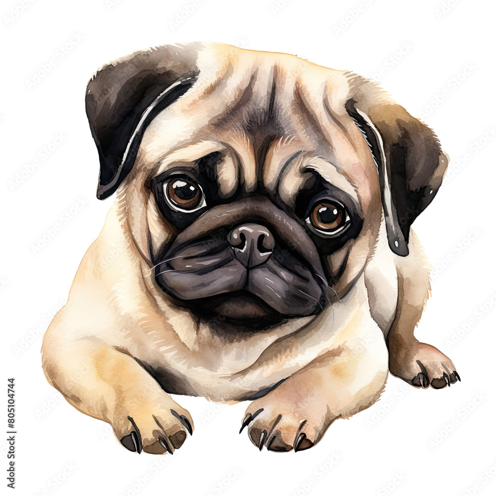 Obraz premium AI-Generated Watercolor cute Pug lying down Clip Art Illustration. Isolated elements on a white background.