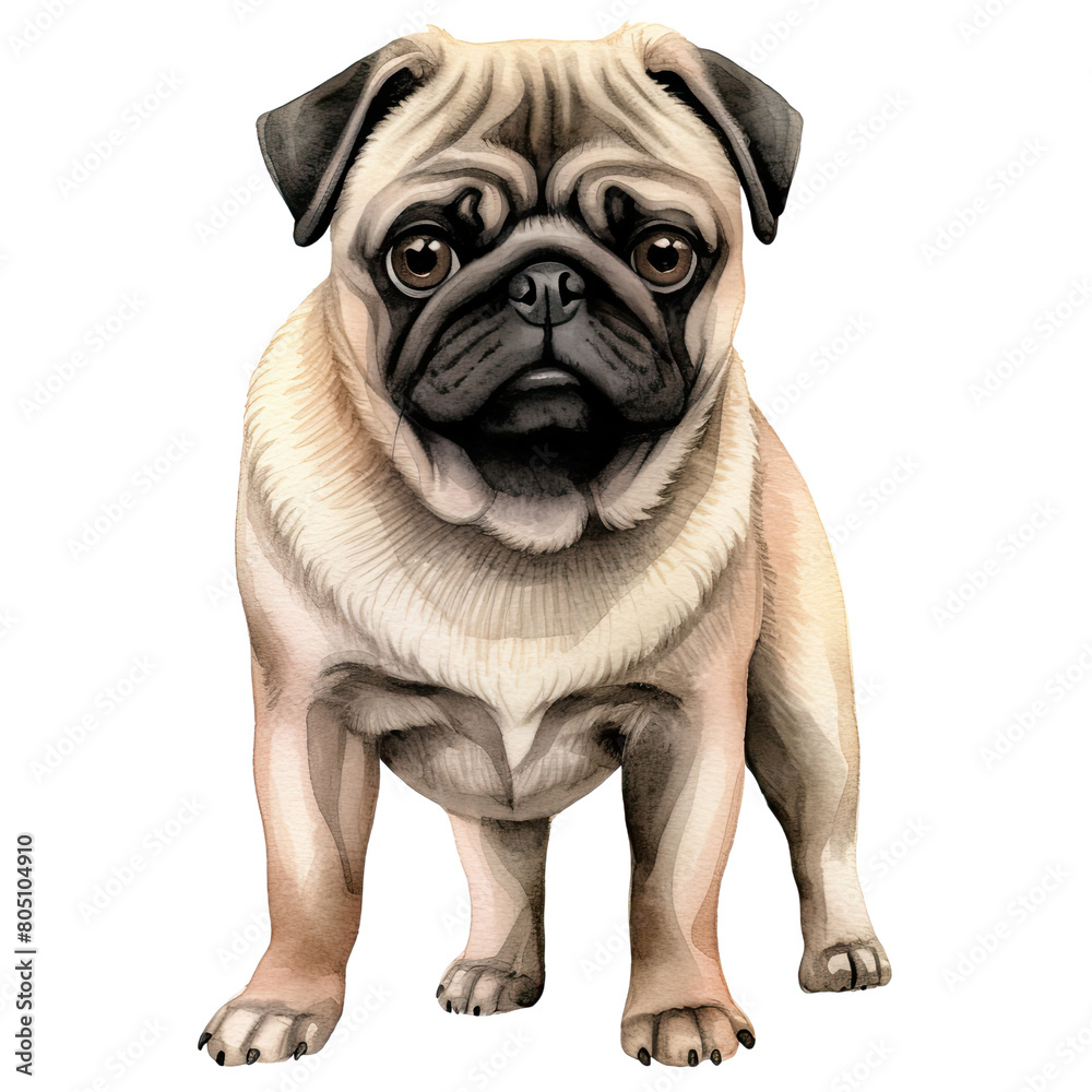 AI-Generated Watercolor cute Pug standing Clip Art Illustration. Isolated elements on a white background.
