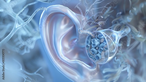 A macro 3D visualization of a human ear, enhanced with mechanical hearing aids intertwined with plant-derived auditory sensors photo
