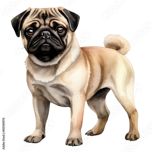 AI-Generated Watercolor cute Pug standing Clip Art Illustration. Isolated elements on a white background. © beyouenked