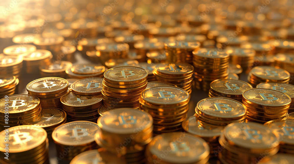 Pile of Golden Bitcoin Coins: Gleaming close-up view of numerous Bitcoin tokens stacked with prominent engravings in a warm golden light. Pile of Golden Bitcoin Coins: Gleaming close-up view of numerous Bitcoin tokens stacked with prominent engravings in a warm golden light.
