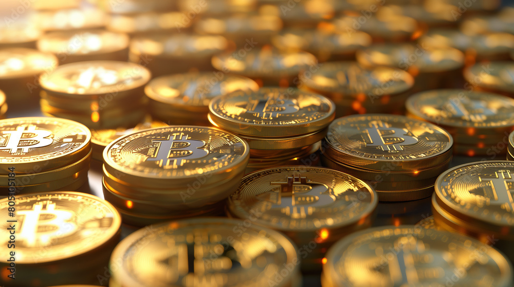 Pile of Golden Bitcoin Coins: Gleaming close-up view of numerous Bitcoin tokens stacked with prominent engravings in a warm golden light. Pile of Golden Bitcoin Coins: Gleaming close-up view of numerous Bitcoin tokens stacked with prominent engravings in a warm golden light.