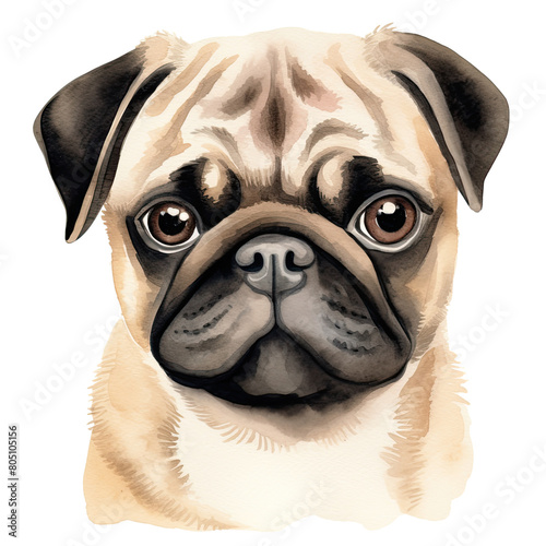 AI-Generated Watercolor cute Pug face Clip Art Illustration. Isolated elements on a white background.