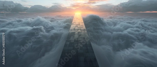 A long, narrow bridge is shown in the sky with a sun rising behind it