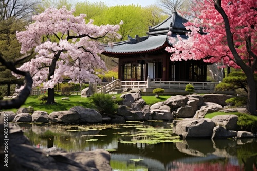 Montreal Botanical Garden, Canada: A spring scene from the Japanese Garden and Chinese Garden.