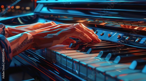 Closeup of hands playing a piano keyboard, focusing on the technical skill of musicianship photo