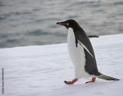 Pinguin l  uft auf Schnee in der K  lte in der Antarktis in der freien Wildbahn
