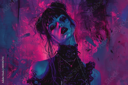 Gothic art piece depicting a punk woman with elements of noir, zoomburst, and brutalism. Embrace a macabre aesthetic by blending dark and vibrant colors 