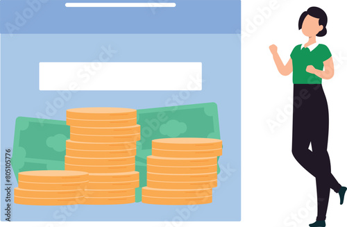 The girl is standing next to the webpage.