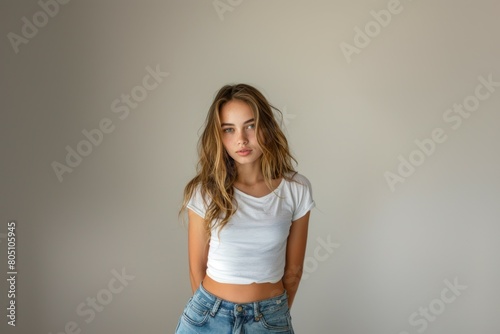 beautiful young standing woman, wearing white t-shirt and jeans