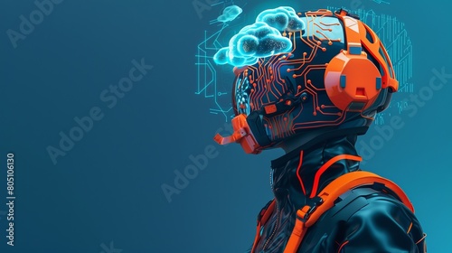 Advanced Cybernetic Interface on Humanoid Profile. View of a humanoid with an advanced cybernetic interface  integrating high-tech and human elements as 3D holograms of circuits