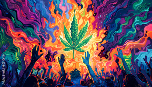 abstract surreal colorful psychedelic trippy background with a marijuana or marihuana leaf and happy consumer, weed, psychoactive drug, wallpaper art or artwork, hashish or hash, thc legalization